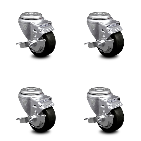 3 Inch Black Polyurethane Wheel Swivel Bolt Hole Caster Set with Brake SCC